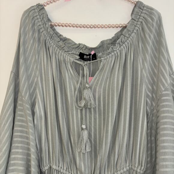 Blue B Romper Green Boho Cottage‎ core Sz M Stretch Flowy NWT Tassels Stripped50 - Picture 7 of 15